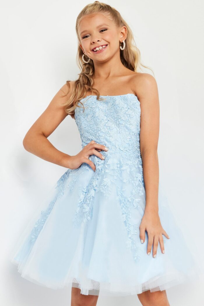 model wearing K1830 blue dress with floral lace design, front view