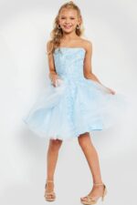 model wearing K1830 blue dress with floral lace design, front view