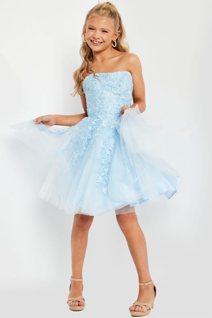 model wearing K1830 blue dress with floral lace design, front view