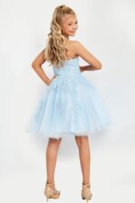 model wearing K1830 blue dress with floral lace design, front view