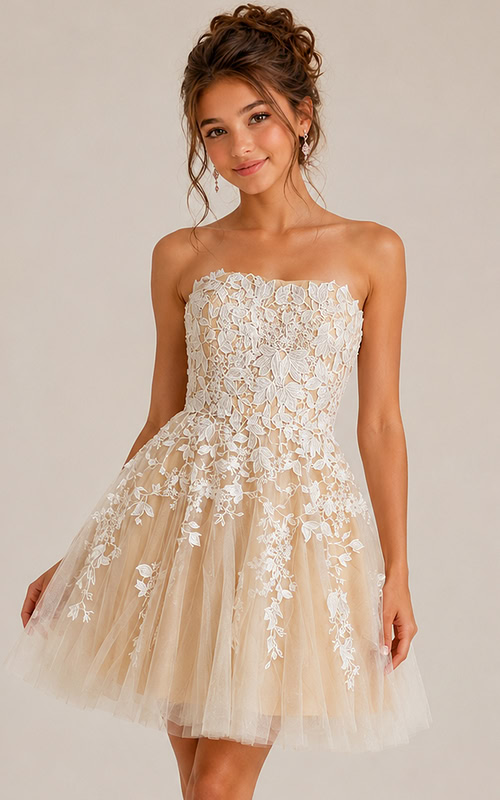 ivory floral lace strapless fit and flare girls dress with tulle skirt