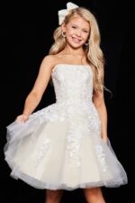 model wearing K1830 beige dress with floral lace design, front view