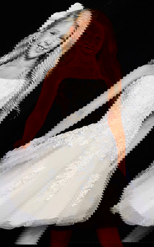 model wearing K1830 beige dress with floral lace design, front view