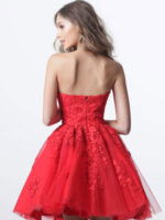 model wearing K1830 red dress with floral lace design, back view
