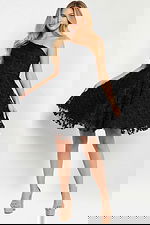 front of a line fit and flare black dress K23516