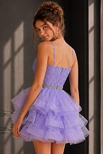 back view of lilac ruffle dress with lace bodice and beaded belt