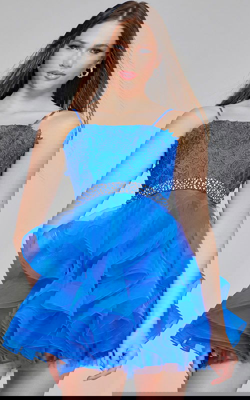 Model wearing Jovani K23518 blue dress with lace bodice and jeweled waist