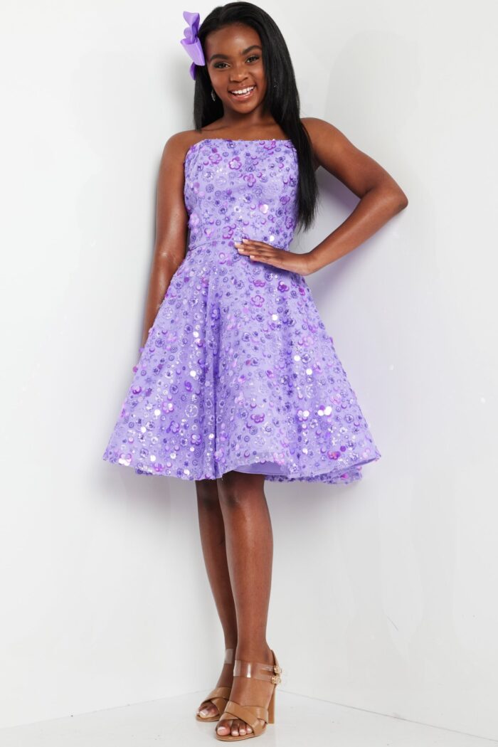 Model wearing Jovani K23685 lilac A-line dress, full length front view
