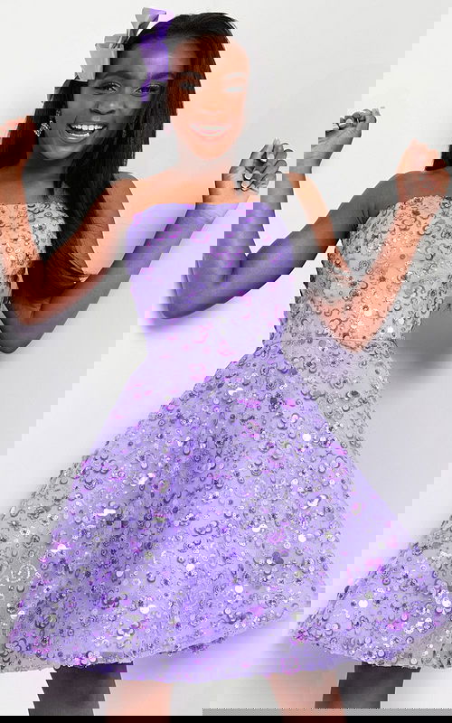 Model wearing Jovani K23685 lilac dress with floral sequins, front view