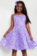 Model wearing Jovani K23685 lilac dress, displaying floral sequins and appliqués