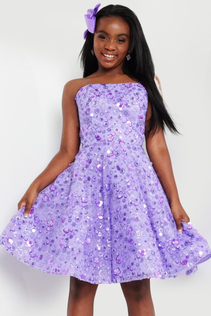 Model wearing Jovani K23685 lilac dress, displaying floral sequins and appliqués
