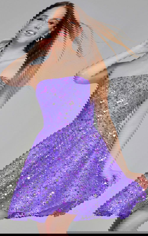 model in lilac K23685 dress showcasing strapless fitted bodice with sequins