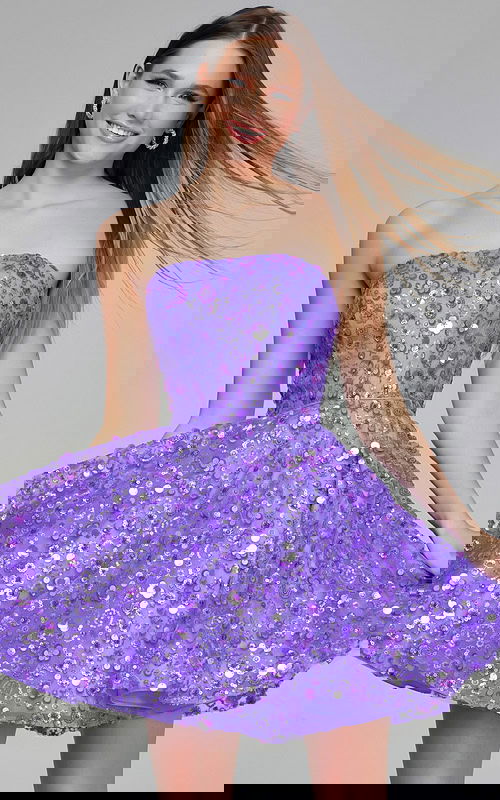 model wearing K23685 lilac dress front view with sequins and floral appliques