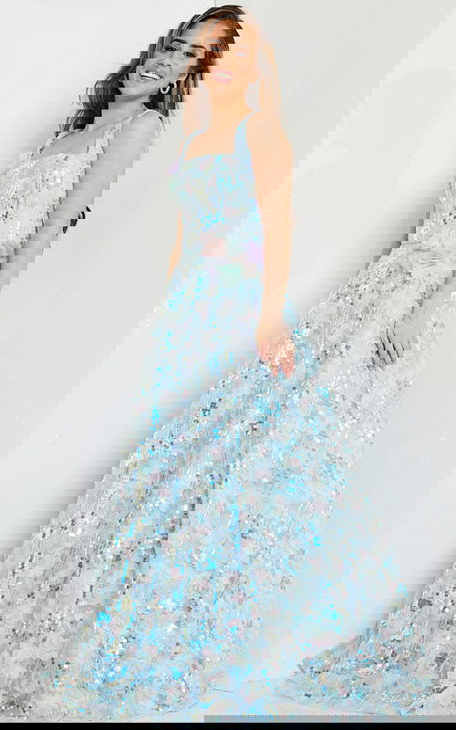 Model wearing K23955 multi-colored gown showcasing the square neckline and sequin design.