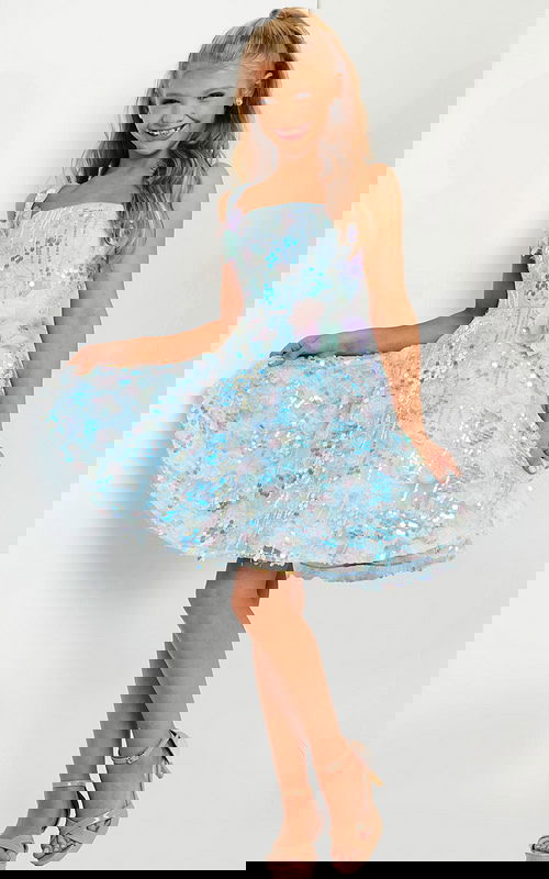 Model wearing Jovani K23956 multi-hued dress with floral accents.