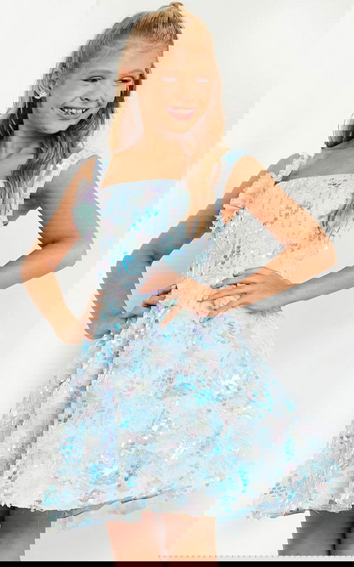 Front view of model in Jovani K23956 multi-colored dress.