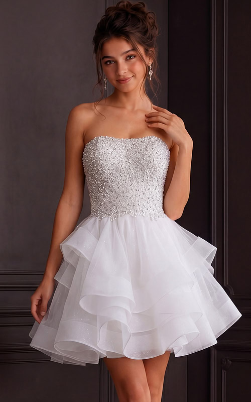 Model wearing Jovani K24050 ivory dress with embellished bodice, front view.