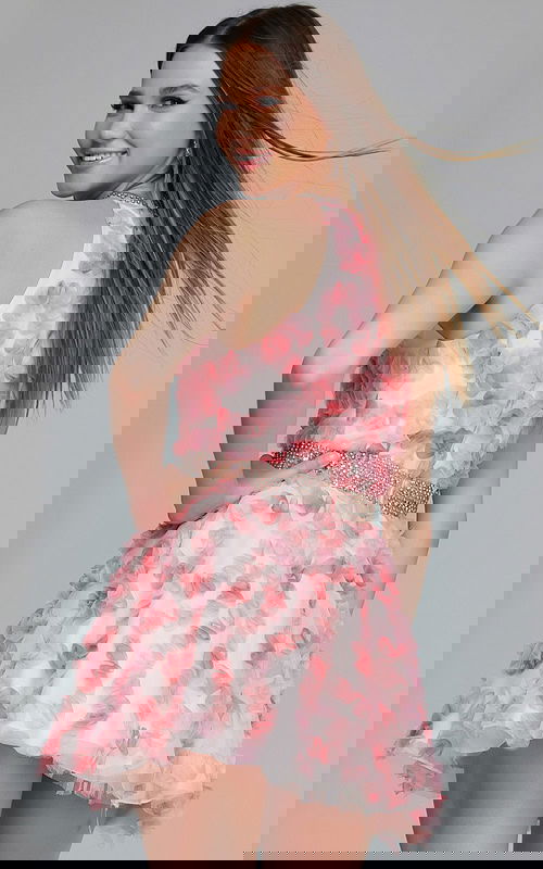 Model wearing K26290 pink dress, back view showcasing halter design.