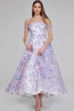 Model wearing Jovani K26292 multi-color off-the-shoulder A-line dress, front view.