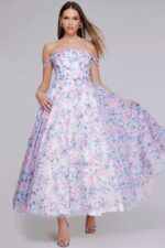 Detailed front view of Jovani K26292 off-the-shoulder multi-color dress.
