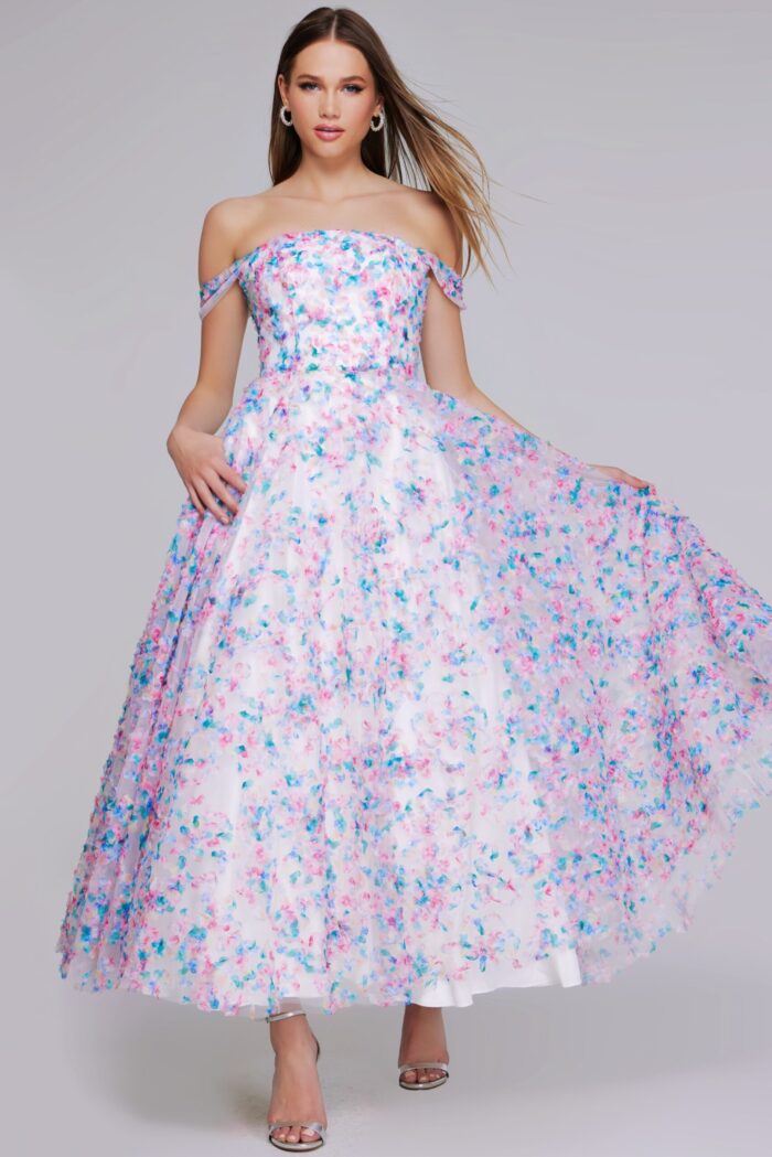 Detailed front view of Jovani K26292 off-the-shoulder multi-color dress.