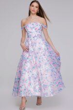 Model wearing front view of Jovani K26292 multi-color A-line dress.