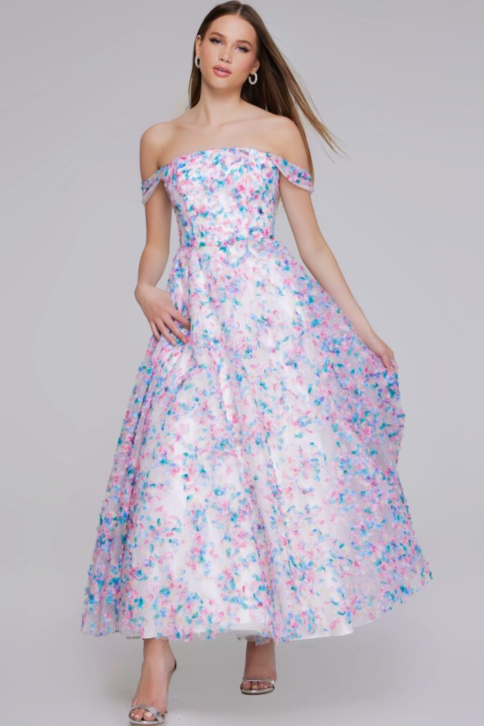 Model wearing front view of Jovani K26292 multi-color A-line dress.