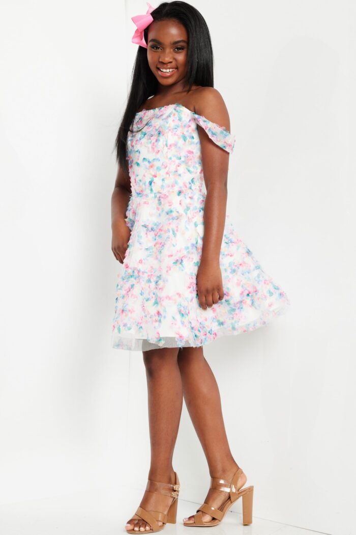 Model wearing K26293 off-shoulder floral dress side view