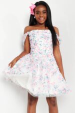 Model wearing K26293 off-shoulder floral dress front view
