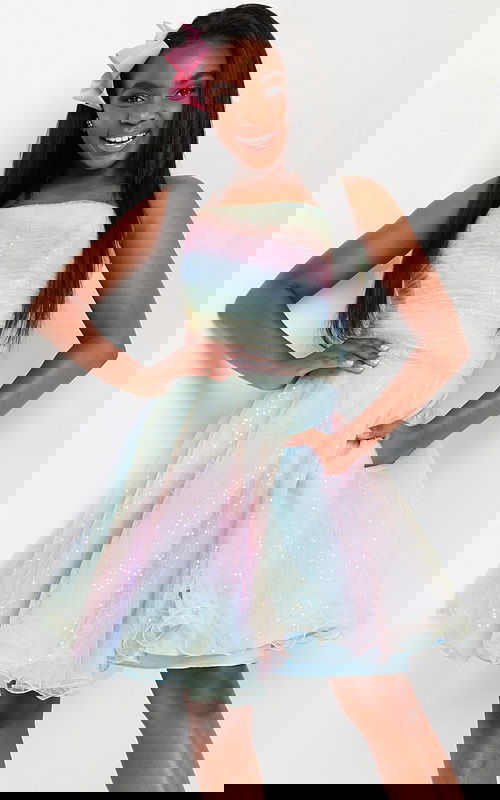 model wearing K36535 multi-color dress, back view