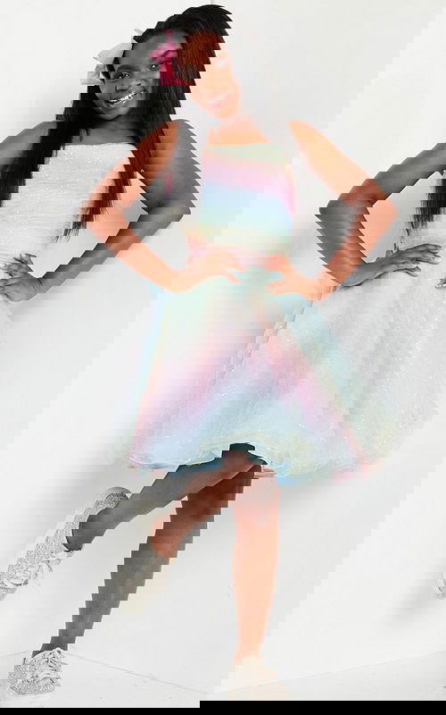 model wearing K36535 multi-color dress, front view