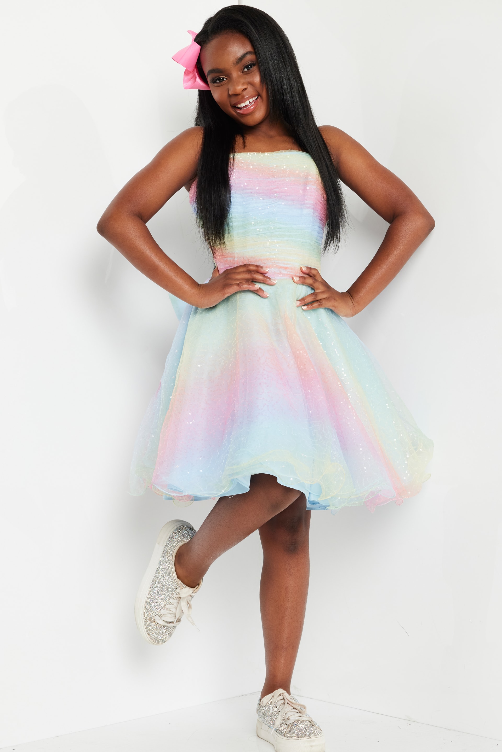 K36535-2.jpg model wearing K36535 multi-color dress, front view