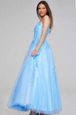 Model wearing Jovani K38098 light blue dress showing back perspective