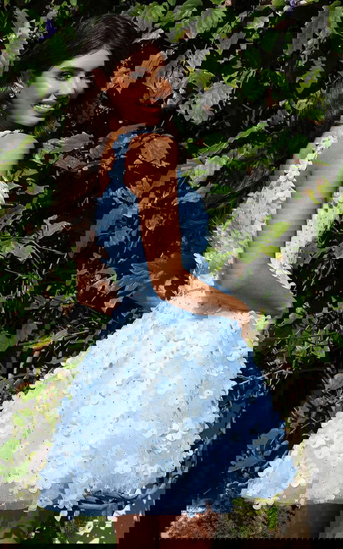 fit and flare blue dress with 3 D flowers K38259