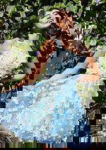 Jovani K38259 light blue sleeveless short A line dress with 3D floral appliques, scattered crystal accents, beaded waistband, and tulle flare skirt