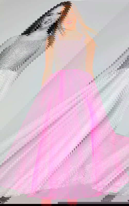 Model wearing Jovani K38261 pink dress with embellished bodice, front view.