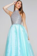 Model wearing Jovani K38262 light turquoise dress in front view