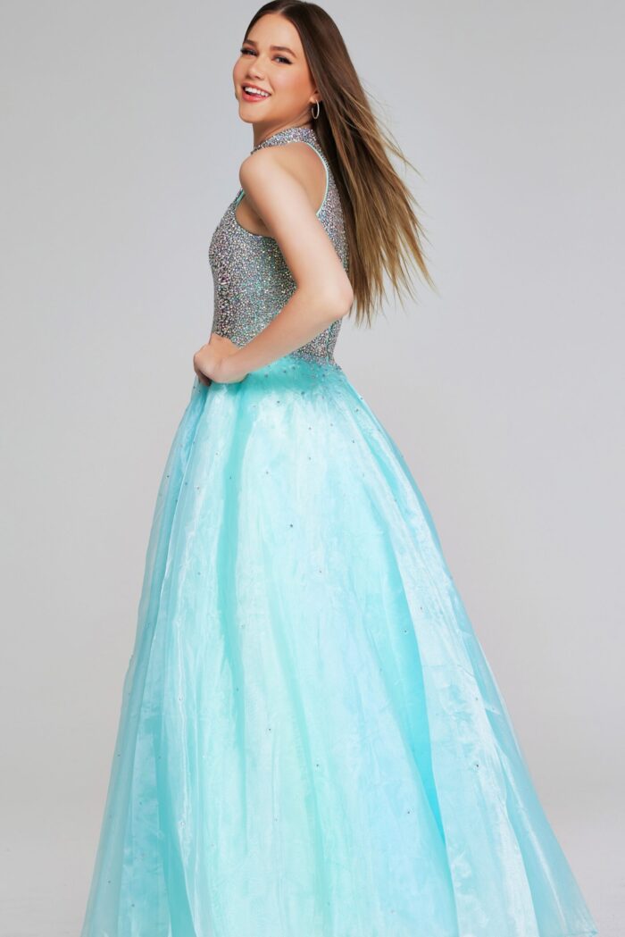 Model wearing Jovani K38262 light turquoise dress in back view