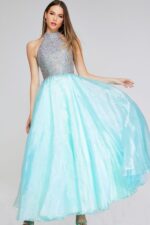 Model wearing Jovani K38262 light turquoise dress in front full-length