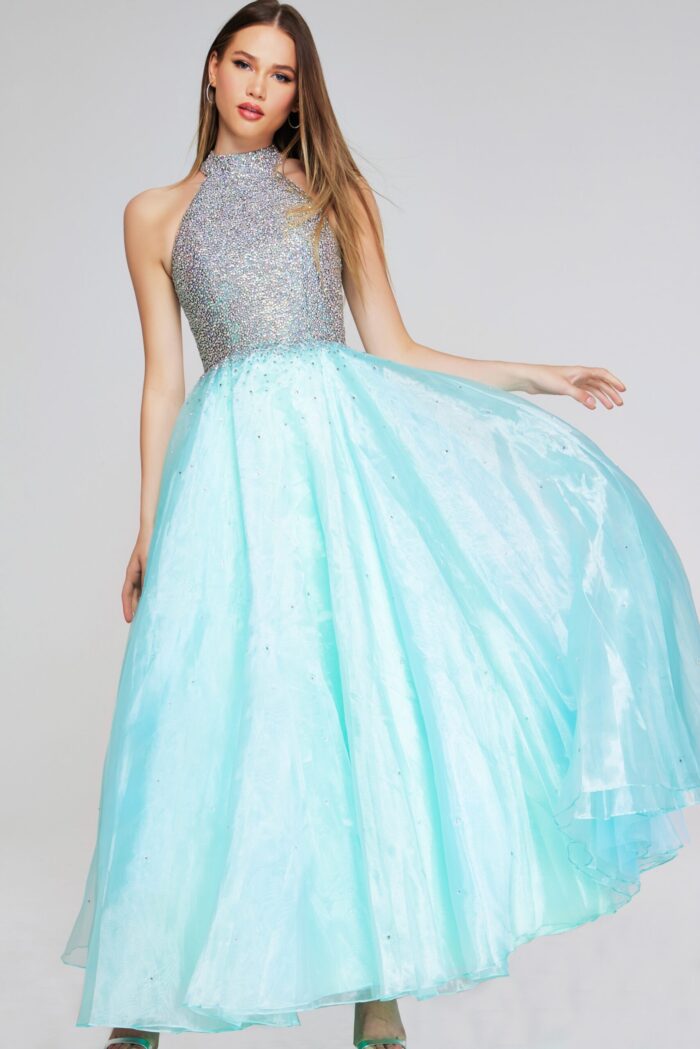 Model wearing Jovani K38262 light turquoise dress in front full-length