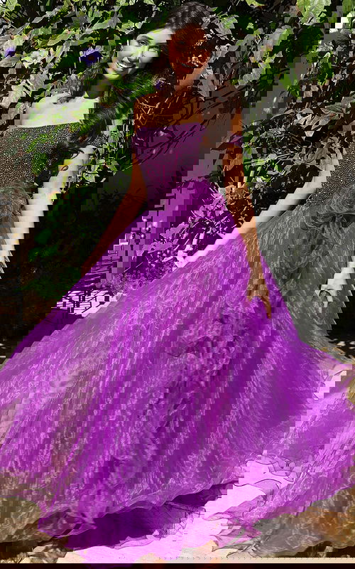 straples spurple embellished dress with rosette detail K38283