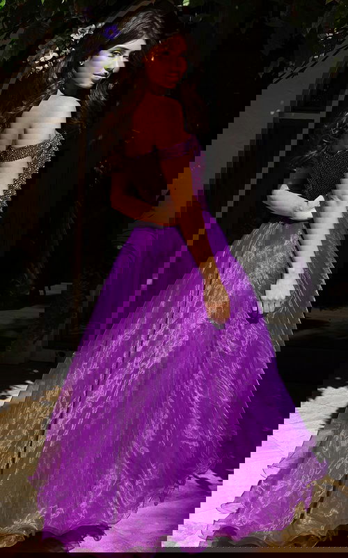 purple off the shoulder embellished kids dress K38283