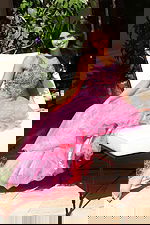 Jovani K39018 hot pink V neck ball gown with crystal beaded floral bodice and ruffled organza layered skirt