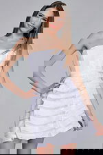 model wearing K39659 white dress from the front, close-up