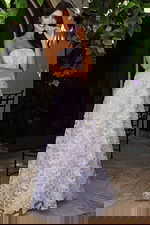 Jovani K42175 blue strapless A line prom dress with 3D floral lace appliques and sequin beaded accents throughout the full length skirt