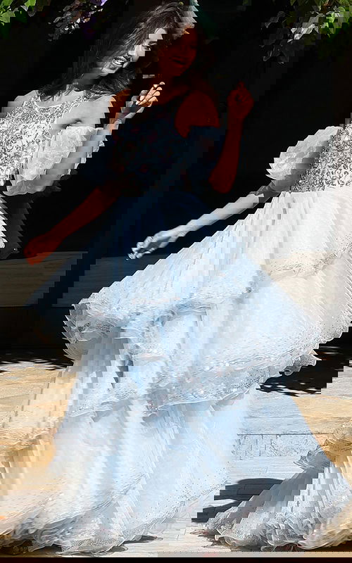 corset bodice and ruffled skirt long dress K42178