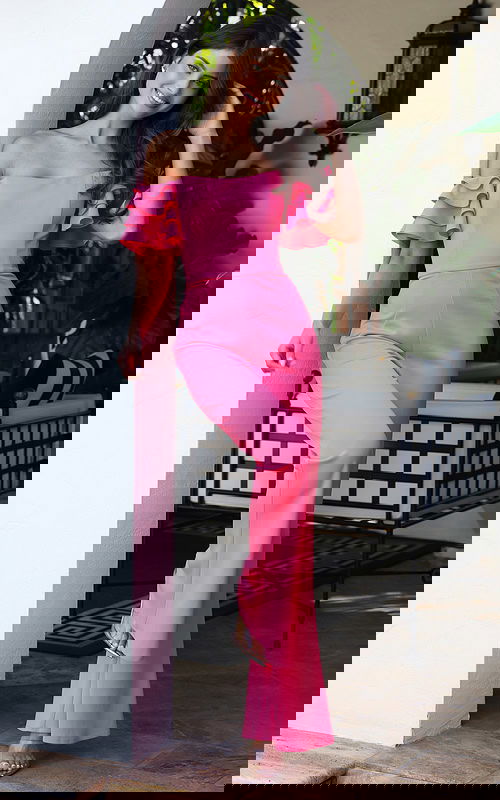 off the shoulder ruffled sleeve jumpsuit K44090