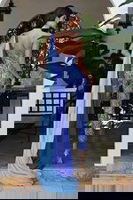 back of blue jumpsuit with side drape K44932