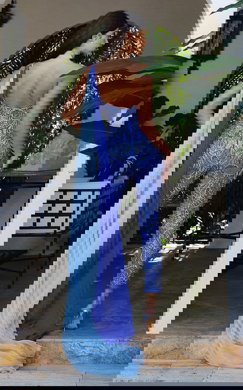 back of blue jumpsuit with side drape K44932