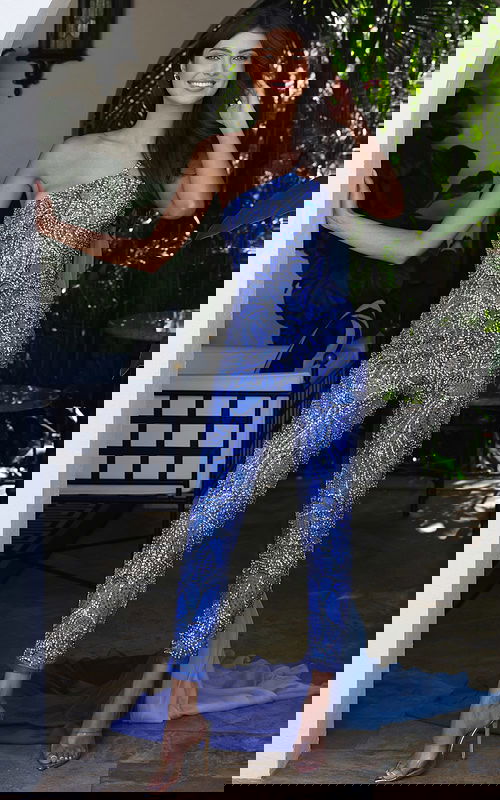 sapphire light blue one shoulder beaded jumpsuit